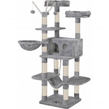 Árbol para Gatos de 164 cm en Gris Claro y Ahumado - Incluye 2 Perchas Grandes, Cueva, Hamaca, Canasta, 3 Pelotas de Pelo y Cuerda de Sisal
