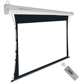 Pantalla electrica videoproyector pared y techo Phoenix tensionada 100 ratio 4:3 y 16:9 2m x 1.5m posición ajustable ultra silenciOSa elimina arrugas carcasa blanca tela super resistente