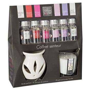 Cofre Aromático con Quemador, 6 Aceites Esenciales y Vela Perfumada de Vainilla - Blanco - H 8 cm