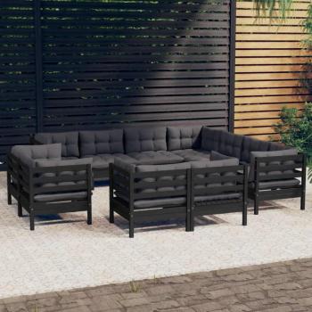 Muebles de jardín 11 piezas con cojines negro de madera maciza de pino