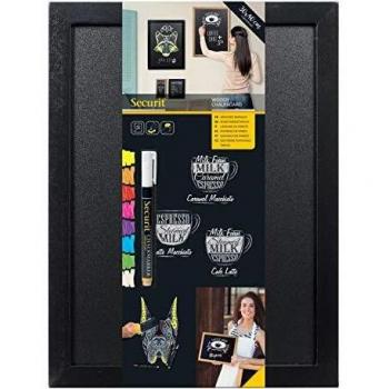 Pizarra de Pared Securit Woody, 30x40 cm, Color Negro, con Marcador y Kit de Montaje