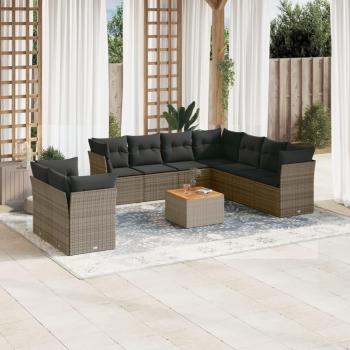 10-Piece Grey Poly Rattan Garden Sofa Set with Cushions