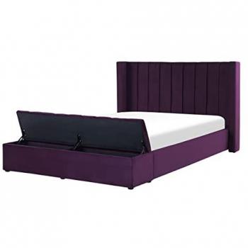 Cama doble de terciopelo violeta 140x200 cm con reposacabezas alto y banco de almacenamiento Noyers