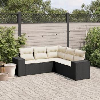 5-Piece Black Poly Rattan Garden Sofa Set with Cushions
