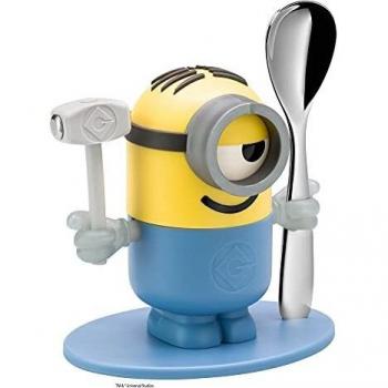 Huevera WMF Minions con cuchara, plástico y acero inoxidable Cromargan pulido, apto para lavavajillas, amarillo y azul