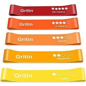 Gritin Bandas Elásticas Fitness/Bandas de Resistencia, Set de 5 Cintas Elásticas Fitness y Musculación de Látex Agradable a la Piel con Guía de Ejercicios de Español y Bolsa Almacenamiento