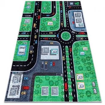 Alfombra Lavable Antideslizante para Niños Ciudad y Calles 140x190 cm - Verde/Negro