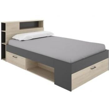 Cama LEANDRE con cabecero, almacenamiento y cajones - 120 x 190 cm - Color natural y antracita