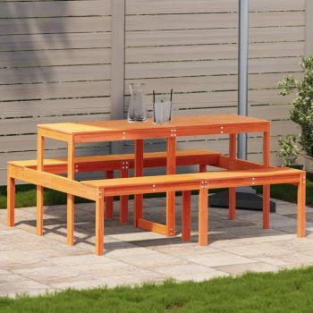 Mesa de picnic de madera maciza de pino marrón con acabado en cera, dimensiones 160x134x75 cm