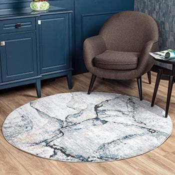 Alfombra Redonda Abstracta Moderna Marfil/Gris Ø 160 cm - Suave y Lujosa, Ideal para Salón y Dormitorio