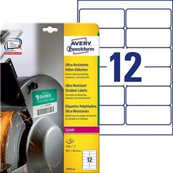 Etiquetas de Polietileno Flexible Resistentes Blancas 99,1mm x 42,3mm Avery L7913-10, Paquete de 120 Unidades