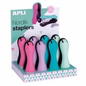 Grapadora Apli Nordik Ergonómica Soft, Uso Nº22/6-24/6, Capacidad 40 Hojas, Horizontal/Vertical, Expositor de 8 Unidades en Colores Pastel S