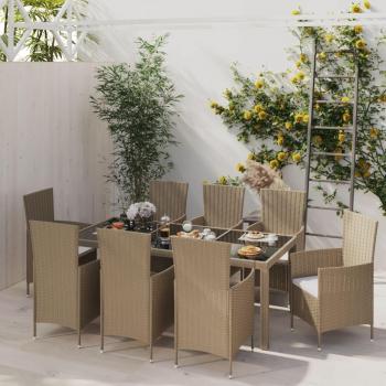 9-Piece Beige Poly Rattan Outdoor Dining Set with Cushions