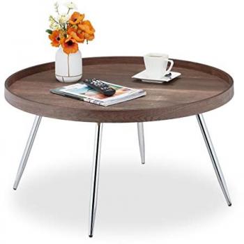 Mesa Auxiliar Redonda Vintage, Tablero Estilo Madera MDF y Acero, 42x78 cm, Marrón/Plata - Relaxdays