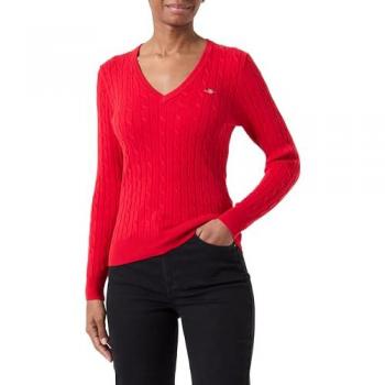 Jersey de mujer Gant de punto trenzado en algodón elástico, cuello en pico, rojo rubí, talla S