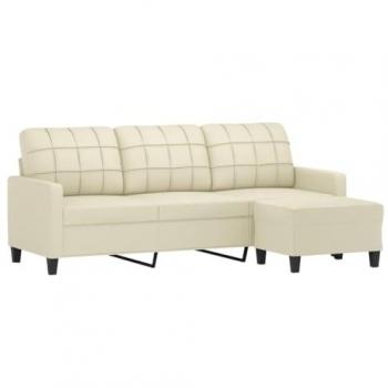 Sofá de 3 plazas con taburete de cuero sintético crema 180 cm