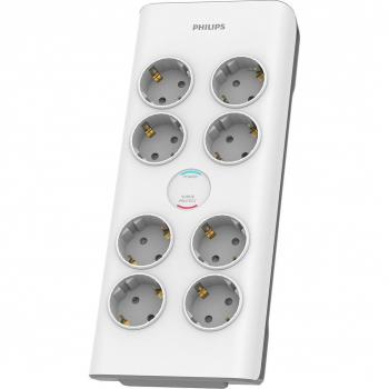 Regleta de Protección Philips SPN7080WA/10, 8 Tomas Schuko, Bloqueo de Alimentación, Potencia Máxima 3680W, Supresión de Sobretensiones 600J -