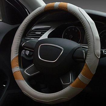 XuanMax Universal Funda de Volante Coche Cuero Genuino Respirable Cubre Volante Piel Cuero Autentico Vehiculo Cubierta del Volante Envoltura Protectora Antideslizante 38cm - Gris