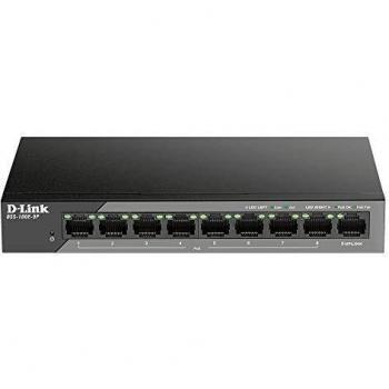 D-Link DSS-100E-9P 9-Port Fast Ethernet PoE Unmanaged Surveillance Switch, supports up to 250 metres long range PoE, 8 x PoE ports, 92 W PoE budget, Gigabit uplink, 6kV surge protection, fanless