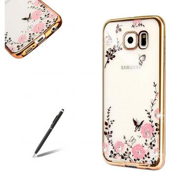 Feeltech Samsung Galaxy S7 Edge Funda Ultra Thin Delgado Brillar Suave de TPU Electrochapado Case con Diseño Jardín Secreto Flores El Bling Cristal Diamante Bumper Espalda Cáscara para Samsung Galaxy S7 Edge-Oro Rosado Henna