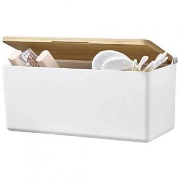 Organizador de baño TESA Baboo M con tapa de bambú, blanco mate, autoadhesivo, montaje sin taladro, dimensiones 242 mm x 110 mm x 102 mm