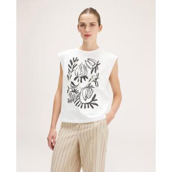 Camiseta Estampada de Algodón para Mujer con Mangas Cortas y Aplicación de Cuerda Motivi