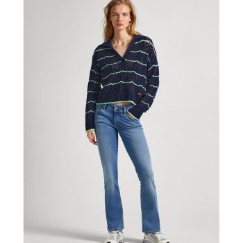 Pepe Jeans - Vaquero campana de mujer tiro bajo con efecto desgastado, jeans flare azul
