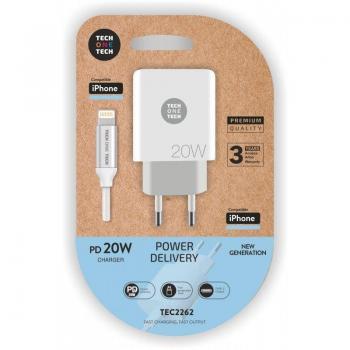 TechOneTech TEC2262 Cargador de Pared con 1xUSB Tipo-C y Cable Lightning, 3A, Blanco