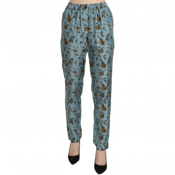 Dolce & Gabbana Blue Musical Instruments Print Tapered Pants, High Waist, Silk, Slim-fit, Female, Size: S