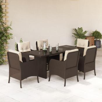 7-Piece Brown Poly Rattan Garden Dining Set with Cushions