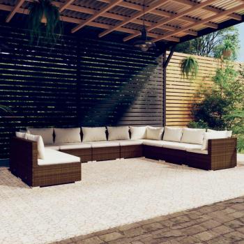 Set de muebles de jardín 10 piezas con cojines de ratán sintético marrón