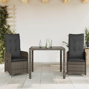 3-Piece Grey Poly Rattan Garden Bistro Set with Cushions