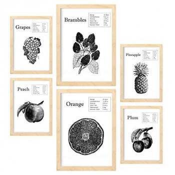 Set de 6 Pósters de Frutas con Estética Collage para Decoración de Interiores - Tamaños A3 y A4 con Marco de Madera Clara