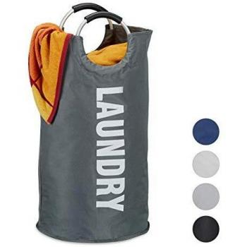 Cesto de Ropa Sucia Plegable con Asas, Capacidad 60 l, Redondo, h x ø: 70 x 38 cm, Gris Oscuro - Relaxdays