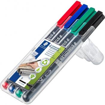 Marcador Permanente Lumocolor B, 4 Colores, Punta Biselada de 1 a 2.5 mm, Recargable y Resistente al Agua
