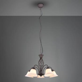Lámpara colgante rústica Trio Lighting, color óxido, 5 luces con vasos de vidrio blanco