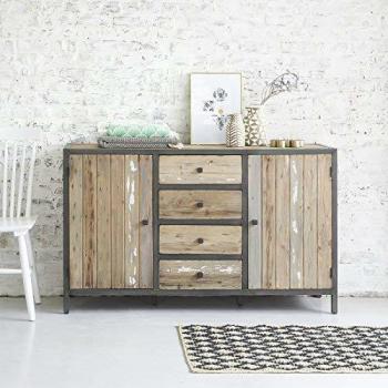 Cómoda de Madera de Pino Reciclada Maciza 150 cm con 2 Puertas y 4 Cajones