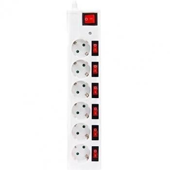 Garza Power 420034 - Base múltiple Top de 6 tomas Schuko con Interruptores Independientes + Interruptor Máster, Protección contra Sobretensiones, color Blanco
