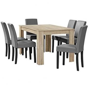Conjunto de Mesa de Comedor Forssa 140x90 cm + 6 Sillas de Polipiel - Roble Claro y Gris Claro