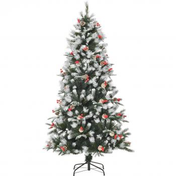 HOMCOM Árbol de Navidad Artificial 180 cm con 678 Ramas, 53 Piñas y 53 Bayas, Hojas de PVC/PE, Base Plegable y Soporte Metálico, Decoración Nav