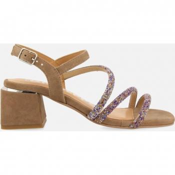 Sandalias de tacón de mujer de piel con tiras y pedrería multicolor