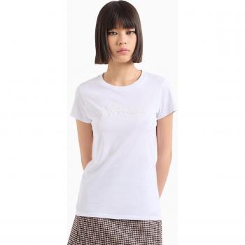 Camiseta de mujer slim fit Armani Exchange con logo en palletes, manga corta, color blanco