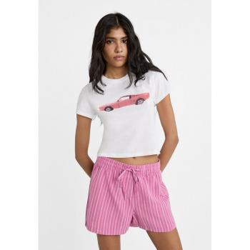 Flowing Striped Linen Blend Shorts - Pink L