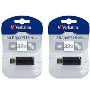 Verbatim 32GB PinStripe USB 2.0 Flash Drive, Black, 49064, Pack of 2