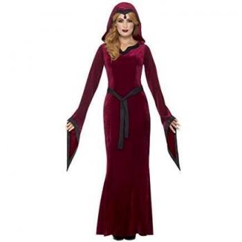 Smiffys-45115L Disfraz de vampiresa Medieval, Burdeos, con Vestido con Capucha y cinturón, Color Rojo, L-EU Tamaño 44-46