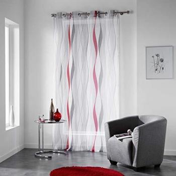 Visillo Estampado Ondulys con Anillas 140 x 240 cm - Poliester Transpirable, Lavable, Ideal para Salón y Dormitorio - Blanco y Rojo