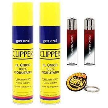 HIBRON 2 Mecheros Clipper + 2 Botellas Gas Azul 300 ml + 1 Llavero Camaleon, Gas Sirve para Recargar Soplete de Cocina.