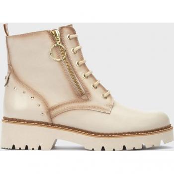 Botines de mujer Pikolinos W6S-8619 de piel con cordones y cremallera lateral, suela extraligera, color marfil
