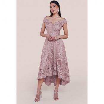Blush Embroidered Lace Asymmetrical Hem Midi Dress