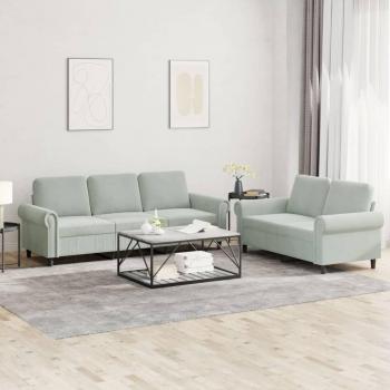 Juego de 2 sofás en terciopelo gris claro con almohadas y cojines